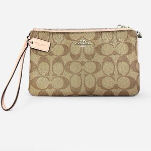 COACH Tan Signature Double Pocket Wristlet With Pink Leather Detail EUC